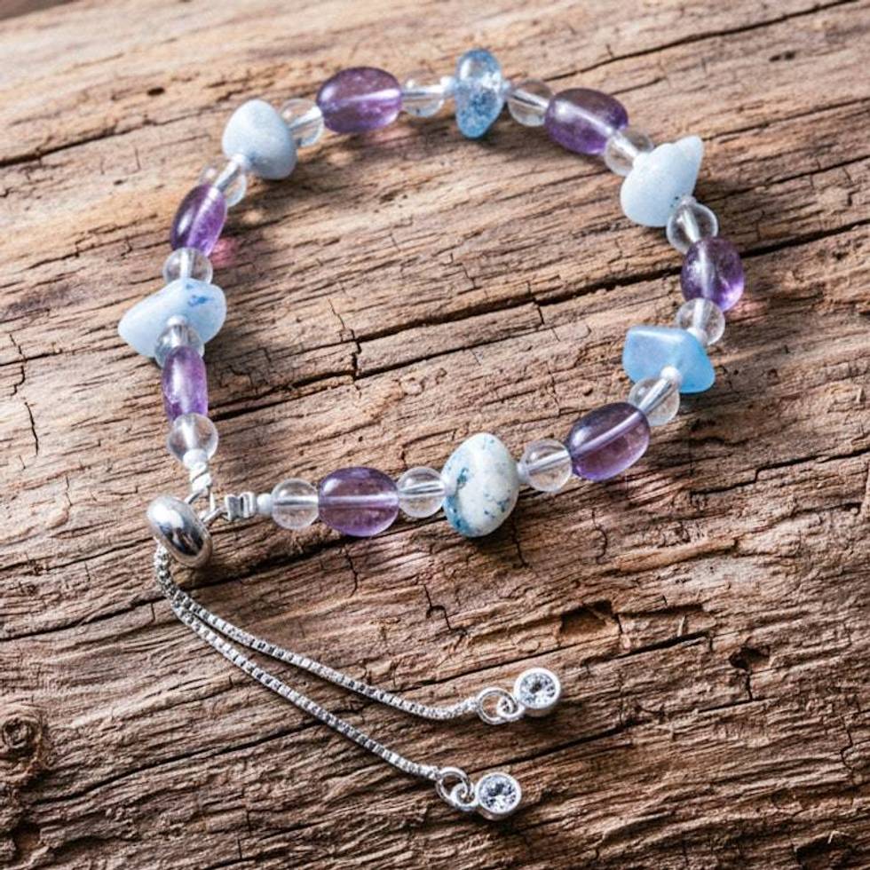 Silver-Plated Brass Beaded Bracelet with Amethyst and Quartz 'Thriving Wise Love'