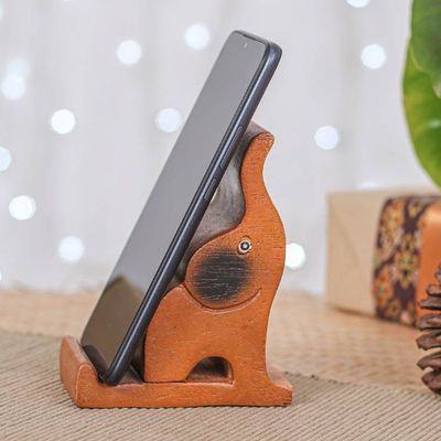 Alternate image for Hand-Carved Happy Elephant Raintree Wood Phone Holder Giant Assistant