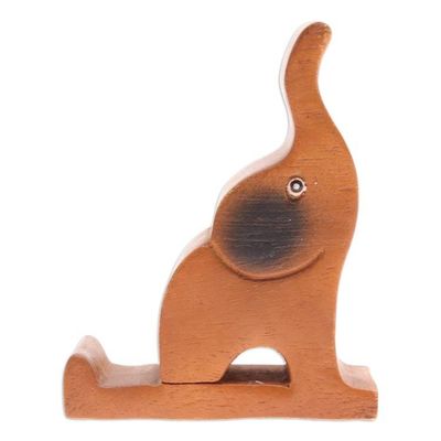 Alternate image for Hand-Carved Happy Elephant Raintree Wood Phone Holder Giant Assistant