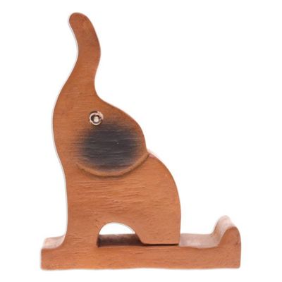 Alternate image for Hand-Carved Happy Elephant Raintree Wood Phone Holder Giant Assistant