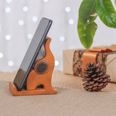 Alternate image for Hand-Carved Happy Elephant Raintree Wood Phone Holder Giant Assistant