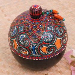 Image for Hand-Painted Red Mango Wood Decorative Box from Thailand Floral Circle in Red