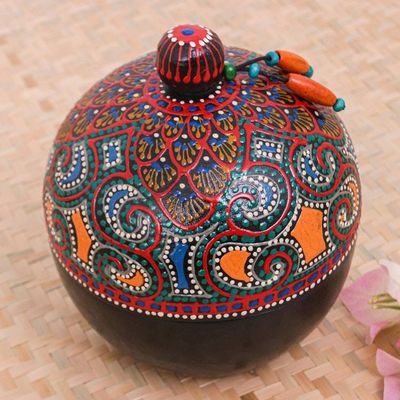 Primary image for Hand-Painted Red Mango Wood Decorative Box from Thailand Floral Circle in Red