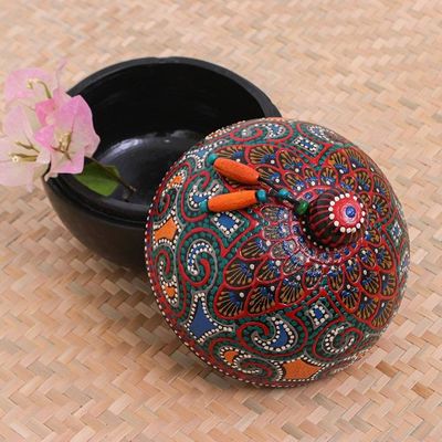 Alternate image for Hand-Painted Red Mango Wood Decorative Box from Thailand Floral Circle in Red