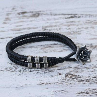 Primary image for Karen Silver Rose Wristband Bracelet in Black from Thailand Rosy Karen in Black