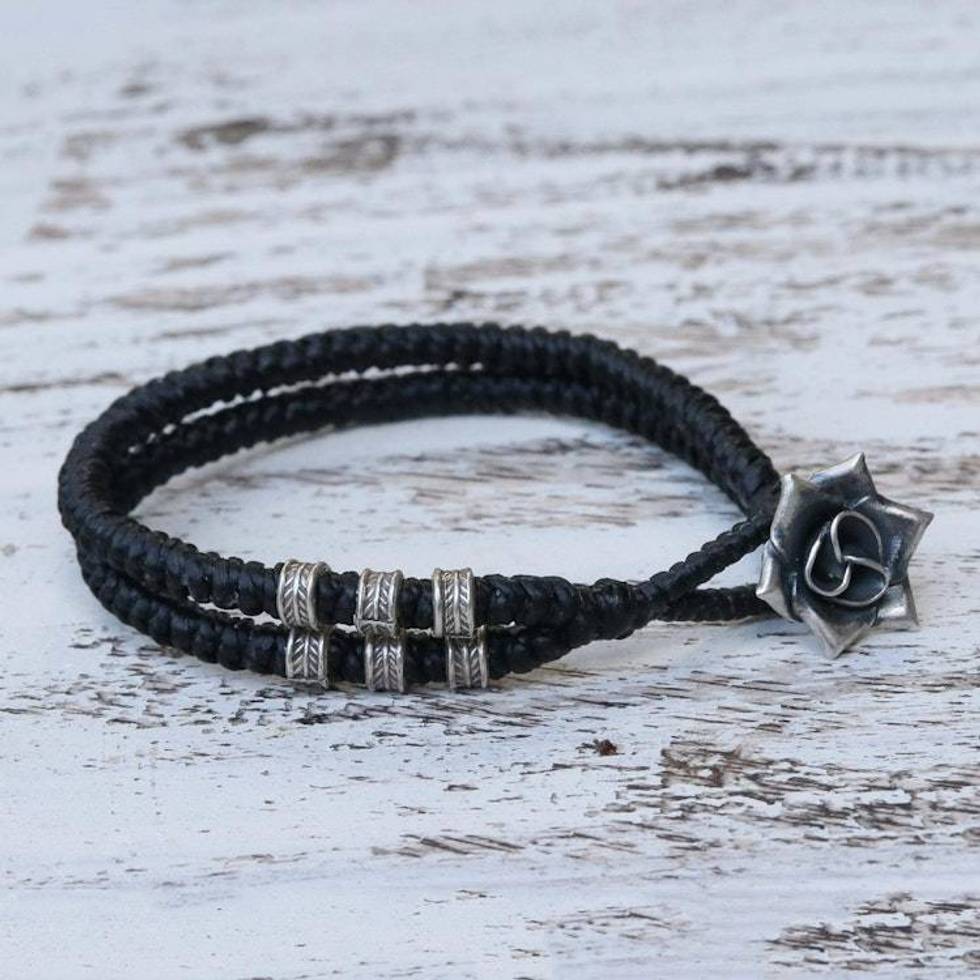 Karen Silver Rose Wristband Bracelet in Black from Thailand 'Rosy Karen in Black'