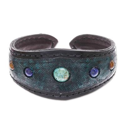 Alternate image for Multi-Gemstone Leather Cuff Bracelet in Green from Thailand Orb Love in Green