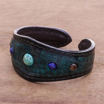 Alternate image for Multi-Gemstone Leather Cuff Bracelet in Green from Thailand Orb Love in Green