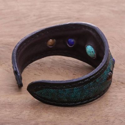 Alternate image for Multi-Gemstone Leather Cuff Bracelet in Green from Thailand Orb Love in Green