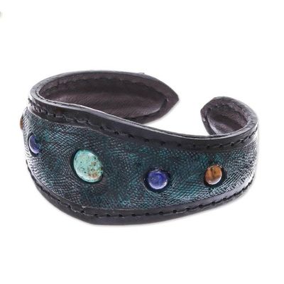 Alternate image for Multi-Gemstone Leather Cuff Bracelet in Green from Thailand Orb Love in Green