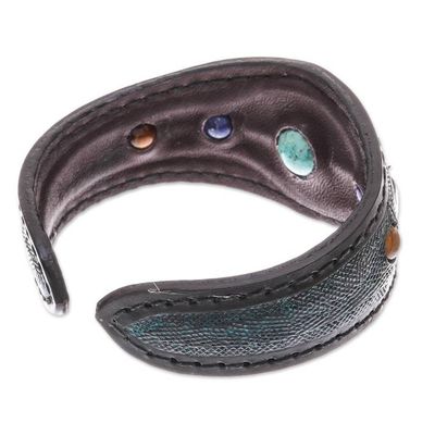 Alternate image for Multi-Gemstone Leather Cuff Bracelet in Green from Thailand Orb Love in Green