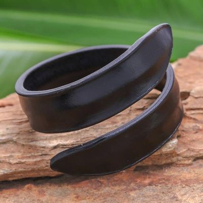Alternate image for Modern Leather Wrap Bracelet in Black from Thailand Simple Caress in Black