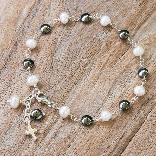 Alternate image for Cultured Pearl and Hematite Beaded Bracelet with Cross Charm Energy Blessing