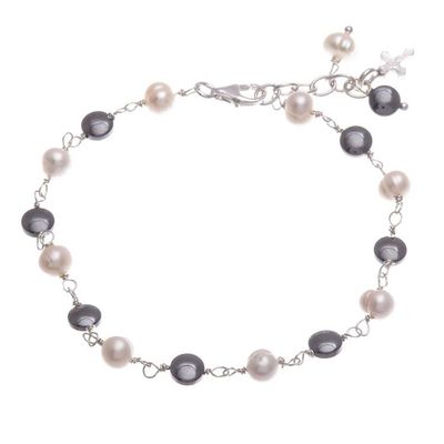 Alternate image for Cultured Pearl and Hematite Beaded Bracelet with Cross Charm Energy Blessing
