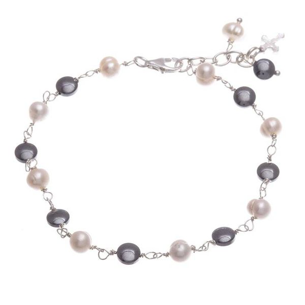 Alternate image for Cultured Pearl and Hematite Beaded Bracelet with Cross Charm Energy Blessing