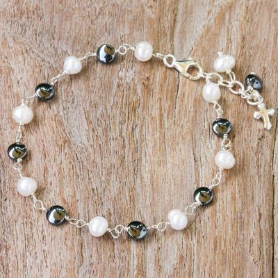 Alternate image for Cultured Pearl and Hematite Beaded Bracelet with Cross Charm Energy Blessing