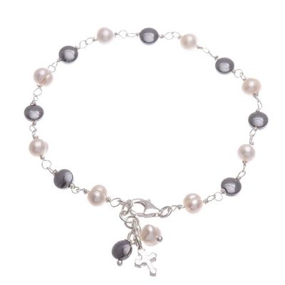 Alternate image for Cultured Pearl and Hematite Beaded Bracelet with Cross Charm Energy Blessing