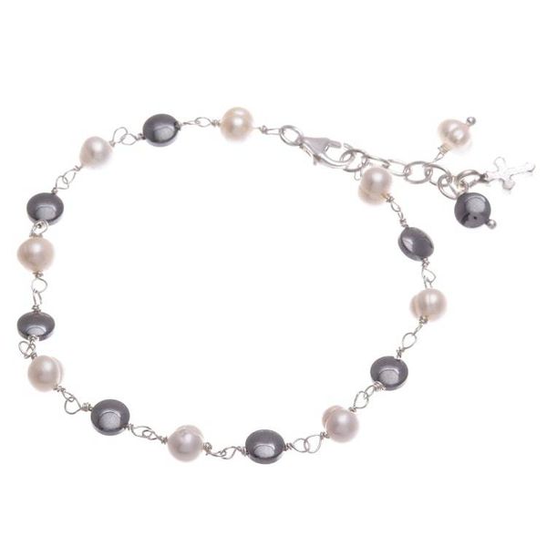 Alternate image for Cultured Pearl and Hematite Beaded Bracelet with Cross Charm Energy Blessing