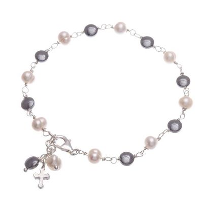 Alternate image for Cultured Pearl and Hematite Beaded Bracelet with Cross Charm Energy Blessing