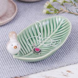 Image for Handcrafted Bird-Themed Leaf-Shaped Green Ceramic Catchall Chants of Harmony