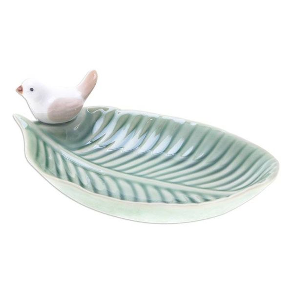 Alternate image for Handcrafted Bird-Themed Leaf-Shaped Green Ceramic Catchall Chants of Harmony