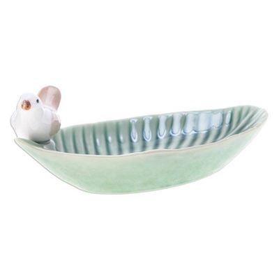 Alternate image for Handcrafted Bird-Themed Leaf-Shaped Green Ceramic Catchall Chants of Harmony