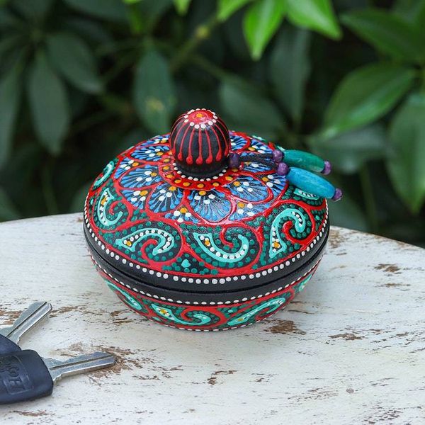 Alternate image for Traditional Thai Mango Wood Decorative Box in Red and Green Floral Marvel in Green