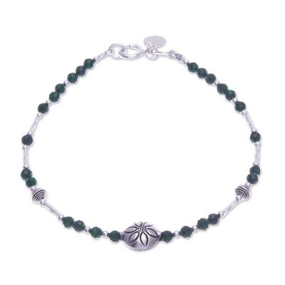 Primary image for Floral Green Glass and Silver Beaded Bracelet from Thailand Petals of Forest
