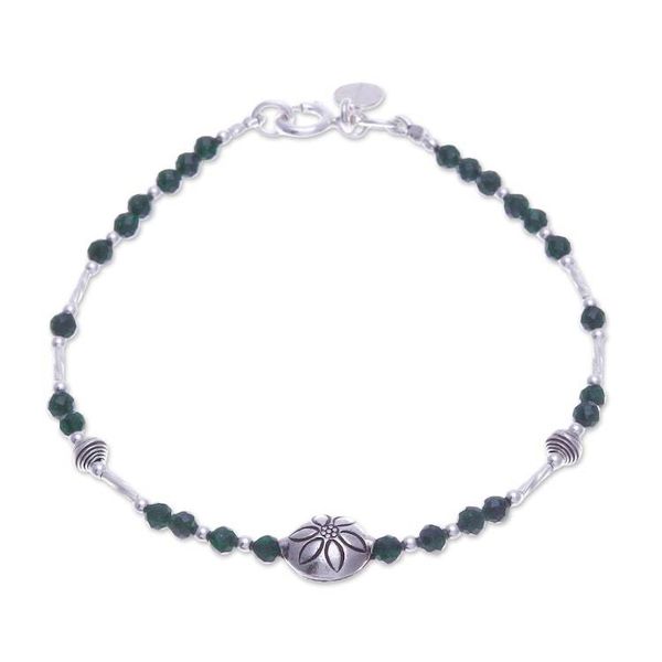 Alternate image for Floral Green Glass and Silver Beaded Bracelet from Thailand Petals of Forest