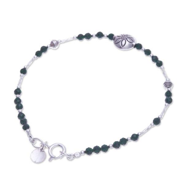 Alternate image for Floral Green Glass and Silver Beaded Bracelet from Thailand Petals of Forest