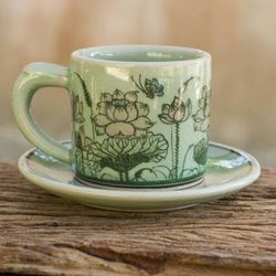 Image for Thai Celadon Espresso Cup and Saucer Set Pink Lotus Butterflies