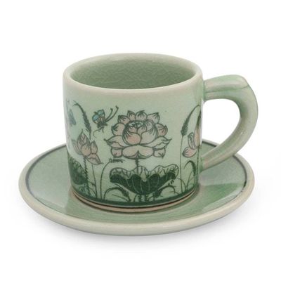 Alternate image for Thai Celadon Espresso Cup and Saucer Set Pink Lotus Butterflies