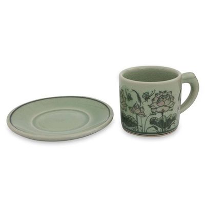 Alternate image for Thai Celadon Espresso Cup and Saucer Set Pink Lotus Butterflies