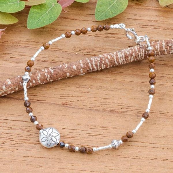 Alternate image for Silver and Tigers Eye Beaded Hill Tribe Pendant Bracelet Petals of Courage