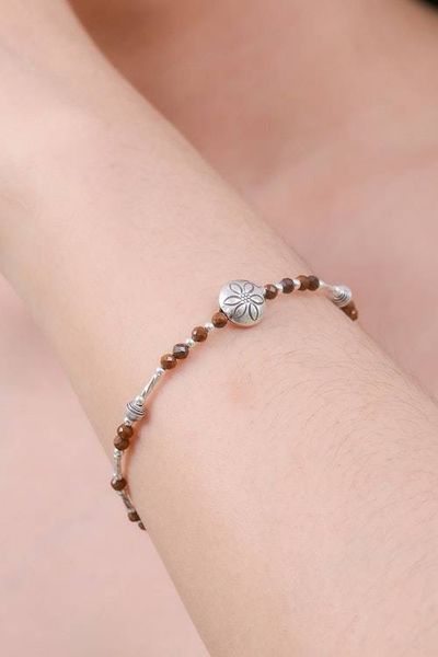 Alternate image for Silver and Tigers Eye Beaded Hill Tribe Pendant Bracelet Petals of Courage