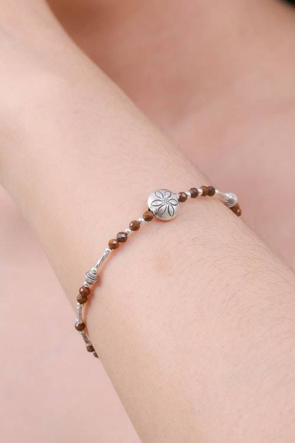Alternate image for Silver and Tigers Eye Beaded Hill Tribe Pendant Bracelet Petals of Courage