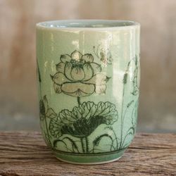 Image for Thai Celadon Handleless Floral Teacup Pink Lotus Butterflies