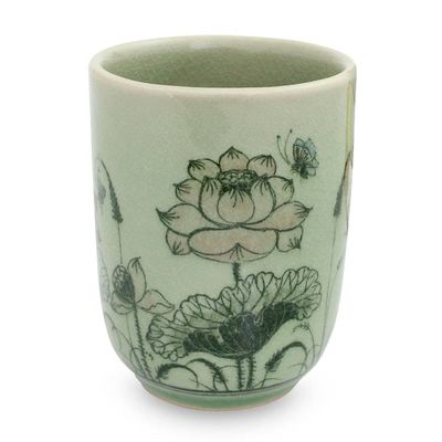 Alternate image for Thai Celadon Handleless Floral Teacup Pink Lotus Butterflies