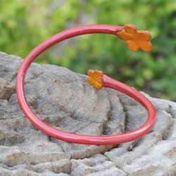 Image for Handcrafted Floral Red and Orange Leather Wrap Bracelet Floral Embrace in Red