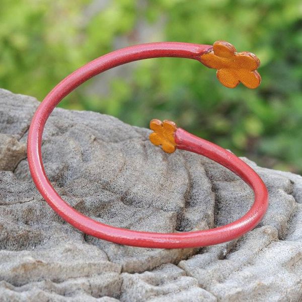 Alternate image for Handcrafted Floral Red and Orange Leather Wrap Bracelet Floral Embrace in Red
