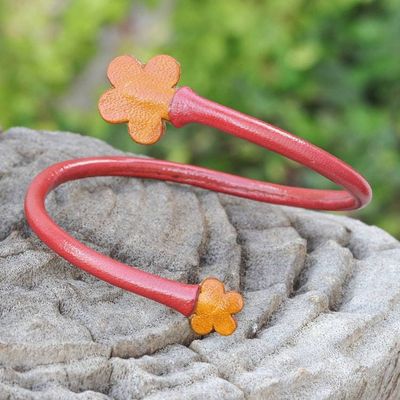 Alternate image for Handcrafted Floral Red and Orange Leather Wrap Bracelet Floral Embrace in Red