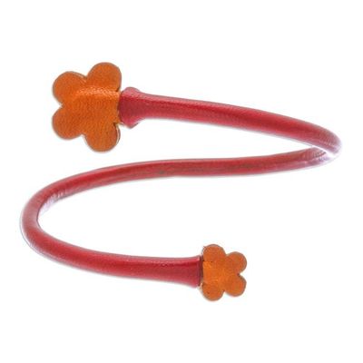 Alternate image for Handcrafted Floral Red and Orange Leather Wrap Bracelet Floral Embrace in Red