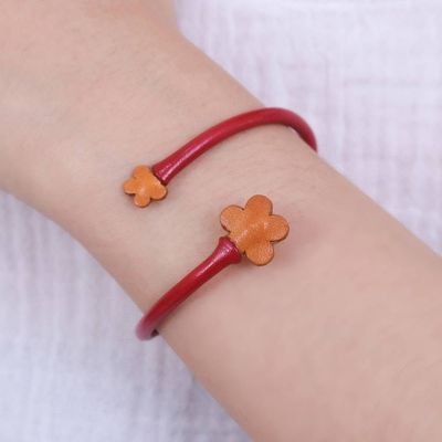 Alternate image for Handcrafted Floral Red and Orange Leather Wrap Bracelet Floral Embrace in Red