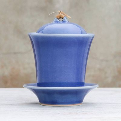 Primary image for Handcrafted Blue Ceramic Soup Cup Set with Lid and Saucer Cup of Comfort in Blue
