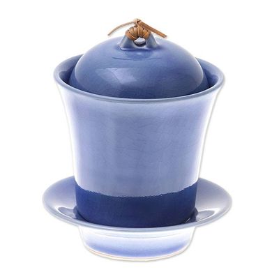 Alternate image for Handcrafted Blue Ceramic Soup Cup Set with Lid and Saucer Cup of Comfort in Blue