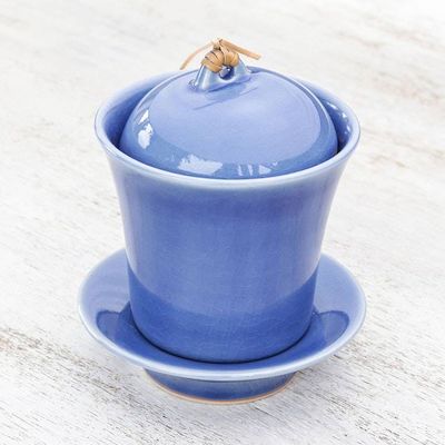 Alternate image for Handcrafted Blue Ceramic Soup Cup Set with Lid and Saucer Cup of Comfort in Blue