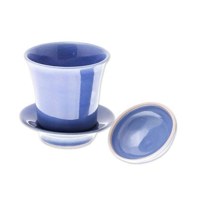 Alternate image for Handcrafted Blue Ceramic Soup Cup Set with Lid and Saucer Cup of Comfort in Blue