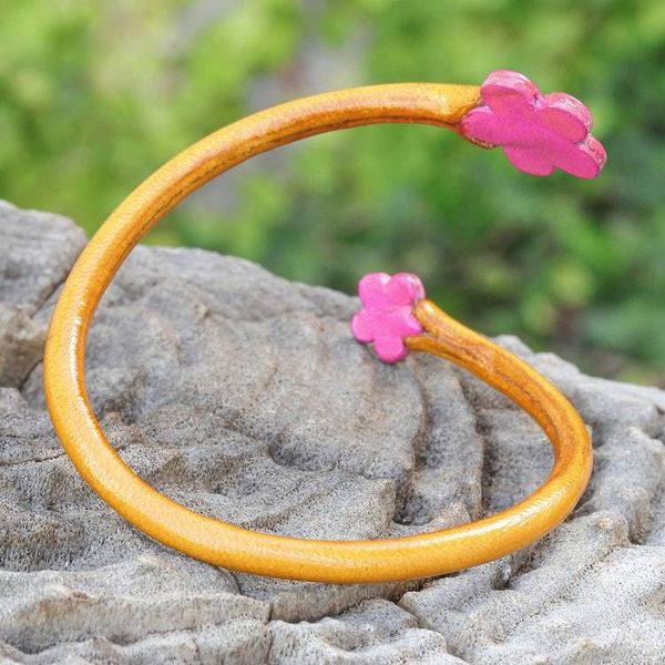 Alternate image for Handcrafted Floral Yellow and Pink Leather Wrap Bracelet Floral Embrace in Yellow