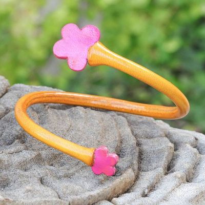 Alternate image for Handcrafted Floral Yellow and Pink Leather Wrap Bracelet Floral Embrace in Yellow