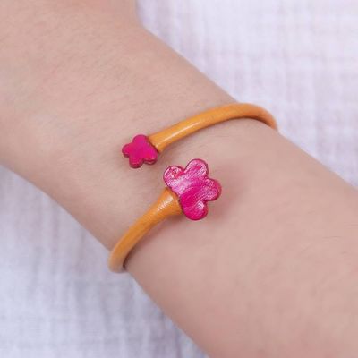 Alternate image for Handcrafted Floral Yellow and Pink Leather Wrap Bracelet Floral Embrace in Yellow